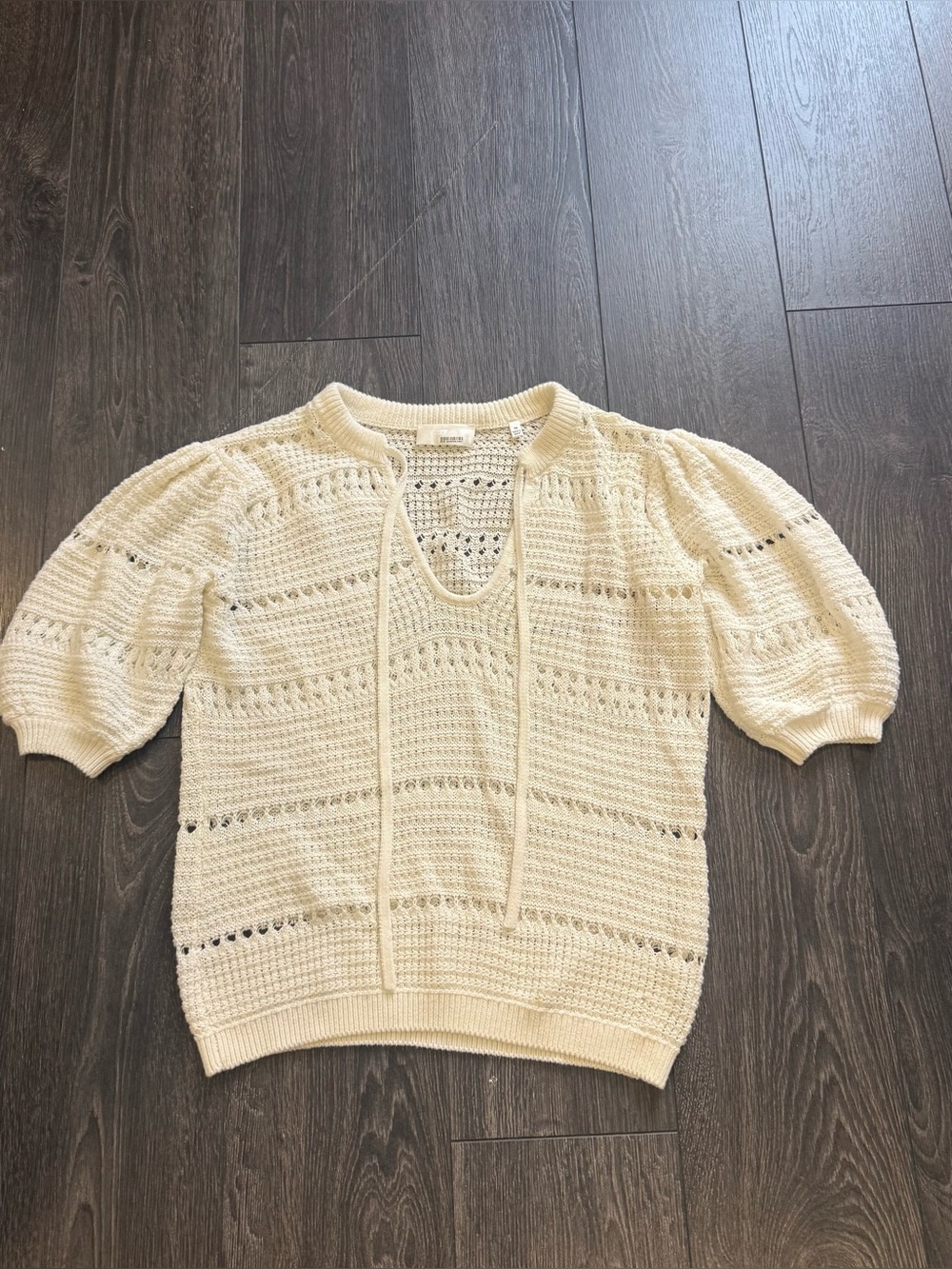 White Open-Knit Puff-Sleeve Sweater with Tie Neck